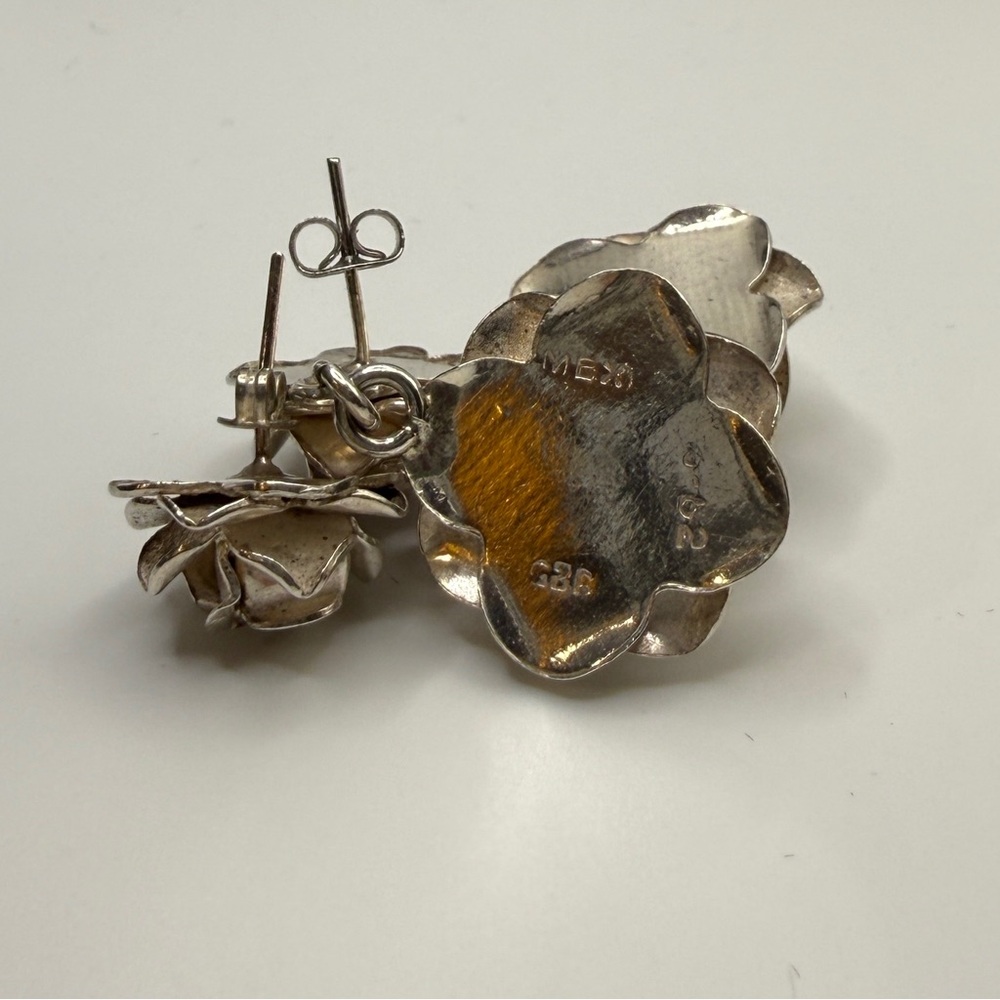 VTG Mexican Sterling Silver Rose Dangling Earrings and Pendant. - Picture 13 of 14
